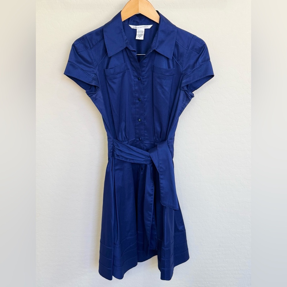 Diane Von Furstenberg Royal Navy Short-Sleeve Self-Tie Shirt Dress